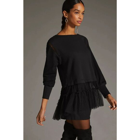New Anthropologie Tulle Sweatshirt Black Oversized Size Small - Picture 7 of 14